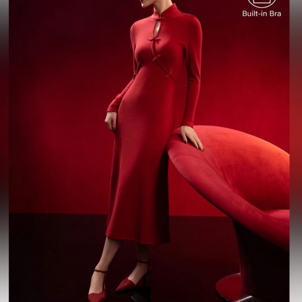 OGL Red Mandarin Collar Built-In Bra Midi Dress Size L